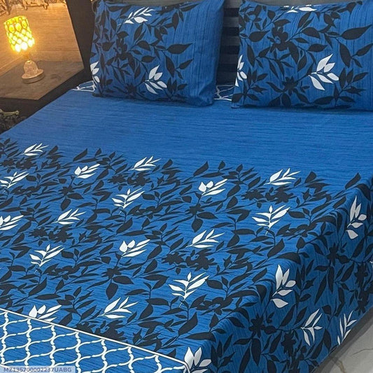 3 Pcs Crystal Cotton Printed Double Bedsheet Blue