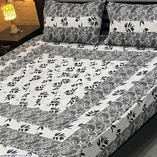 3 Pcs Crystal Cotton Printed Double Bedsheet White & Grey