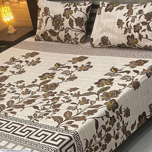 3 Pcs Crystal Cotton Printed Double Bedsheet White