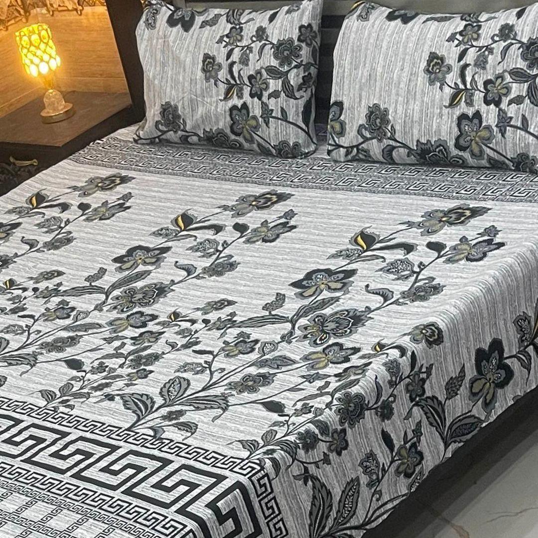 3 Pcs Crystal Cotton Printed Double Bedsheet Grey