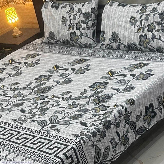 3 Pcs Crystal Cotton Printed Double Bedsheet Grey