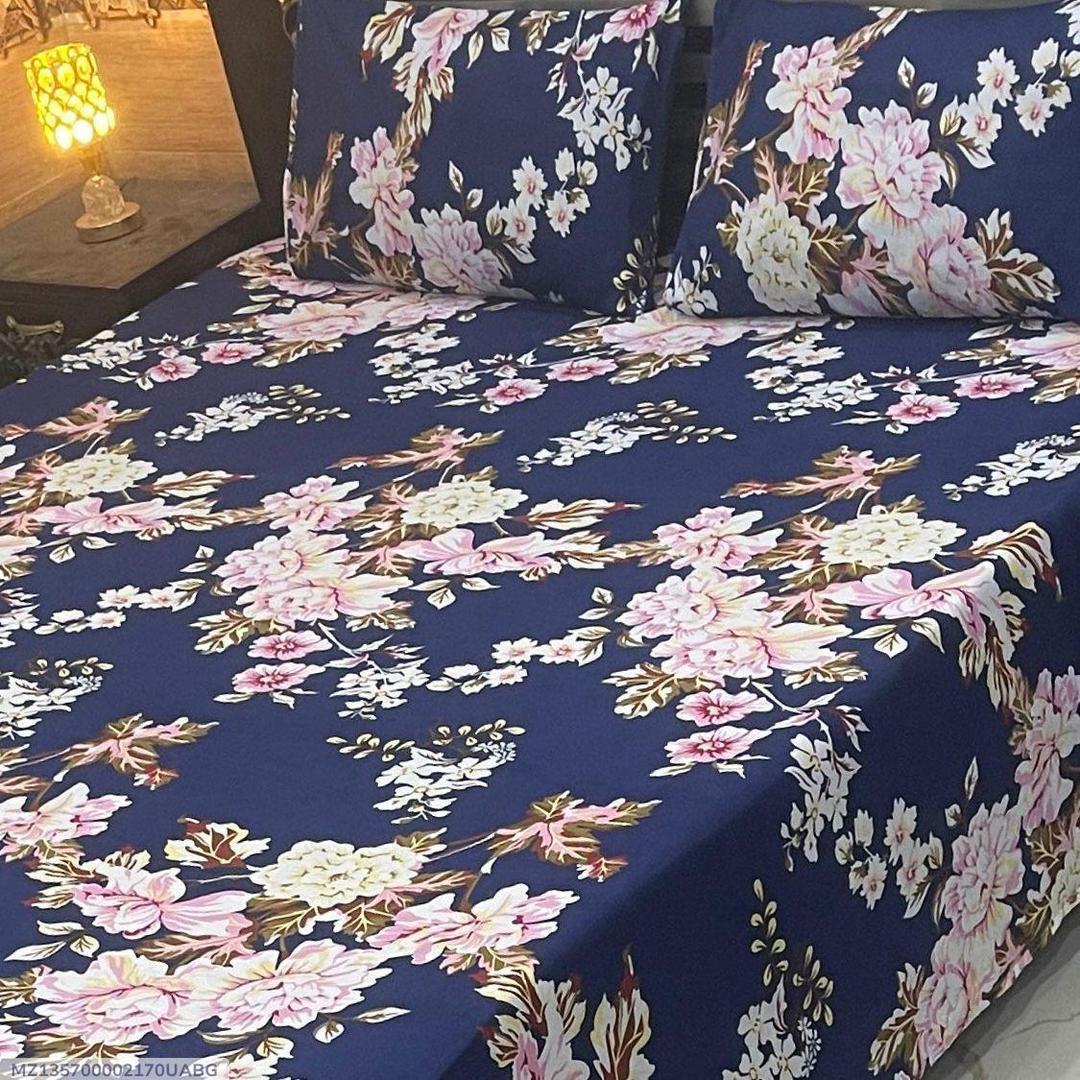 3 Pcs Crystal Cotton Printed Double Bedsheet Navy Blue