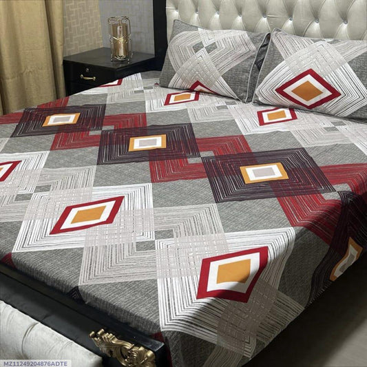 3 Pcs Crystal Cotton Printed Double Bedsheet Red